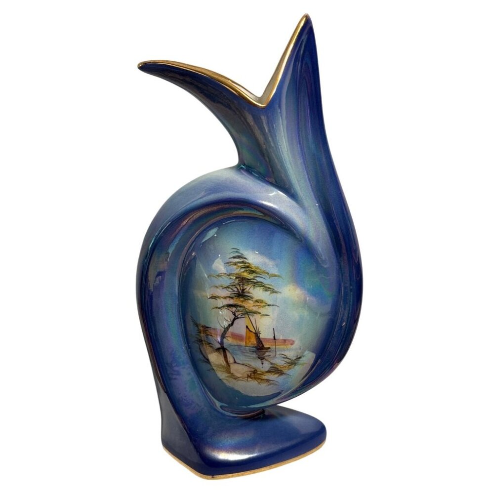 Scar Italy Vase Art Deco Blue Iridescent Finish Nautical Sailboat 10" Vintage